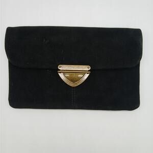 Forever 21 Suede 100% Leather Envelope Clutch Bag Handbag Gold-Tone Clasp Black